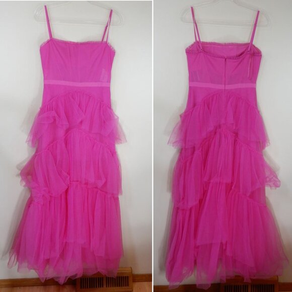 Betsy & Adam Tiered Tulle Ruffle Corset Gown Dress Sz 10 Hot Pink Mesh NEW $308 - Picture 5 of 10
